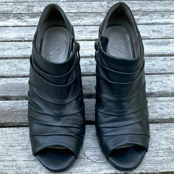 ✨Black Leather Peep-Toe Wedge Ankle Booties - Size 6M - Picture 4 of 14